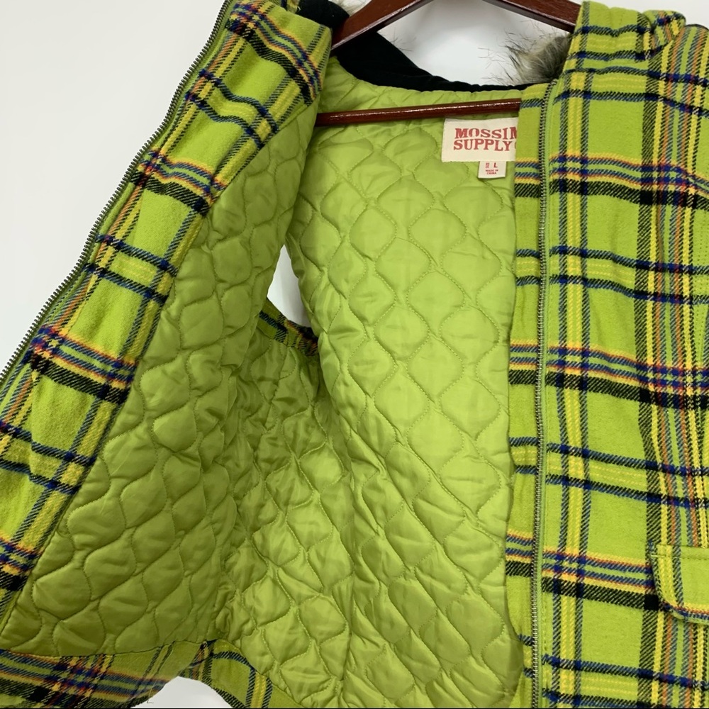 Mossimo Supply Co Retro Lime Green Blue Multi Plaid Full Zip Vest Faux Fur Hood - Picture 5 of 15